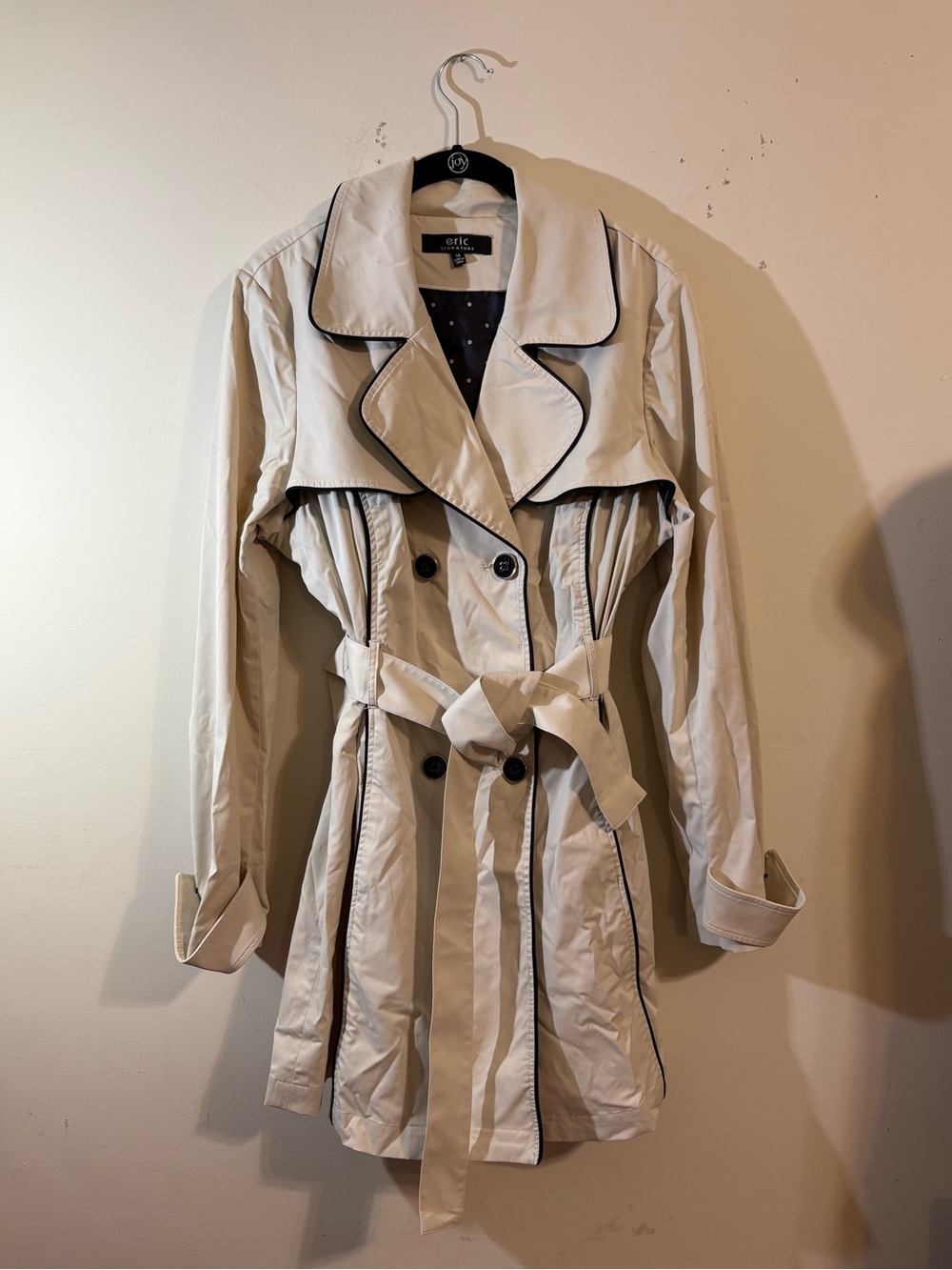 Eric Signature Cream khaki Trench Coat women’s size 14 Black Contrast Trim